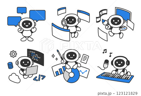 会話･調査･生成･プログラミングをするAIロボットのセット【ベクターイラスト素材】 123121829