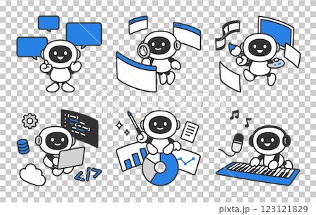 会話･調査･生成･プログラミングをするAIロボットのセット【ベクターイラスト素材】 123121829