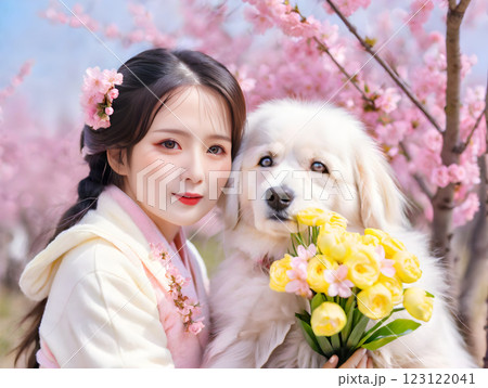 桜の木の前で大型犬と記念撮影する日本人美女 123122041