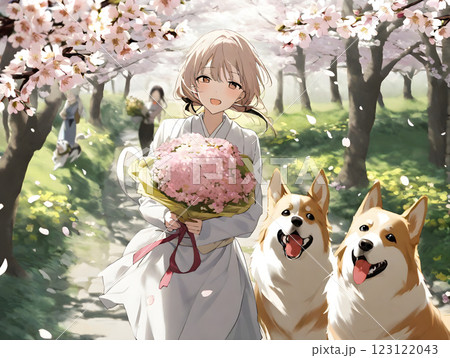 桜並木の公園で花束を抱いて犬と散歩する若い女性 123122043