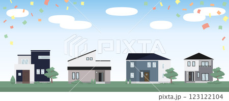紙吹雪が舞う一軒家が並ぶ街並みのベクターイラスト素材_2 123122104