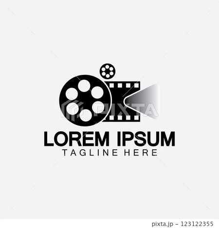 Play movie Video Camera& Film Strip Play Movie Cinema Entertainment Stock Vector icon logo design 123122355