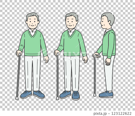 杖をついた高齢男性を色々な方向から見たイラスト 123122622