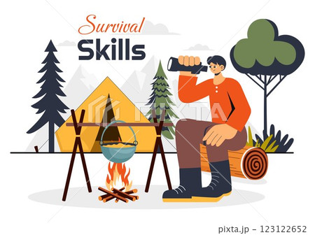 Survival Skills Summer Camping Vector Illustration featuring Tent Camping Services, Outdoor Accommodation, Jungle Exploration, and Relaxation 123122652