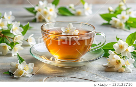 Glass cup with hot jasmine tea on a light background 123122710