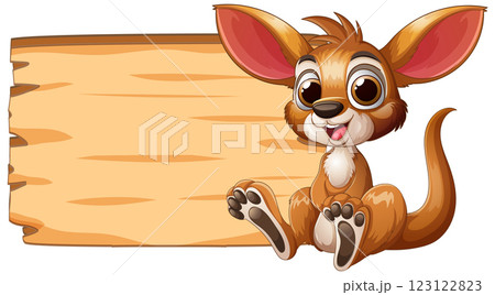Cute Cartoon Kangaroo with Wooden Sign 123122823