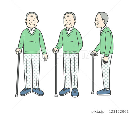 杖をついた後期高齢男性を色々な方向から見たイラスト 123122961