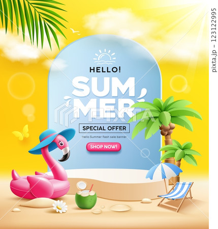 Summer sale podium, pink flamingo inflatable swimming pool, coconut trees, beach umbrella, poster design, cloud and sky on yellow background Summer sale podium, pink flamingo inflatable swimming pool, coconut trees, beach umbrella, poster design, cloud and sky on yellow background 123122995