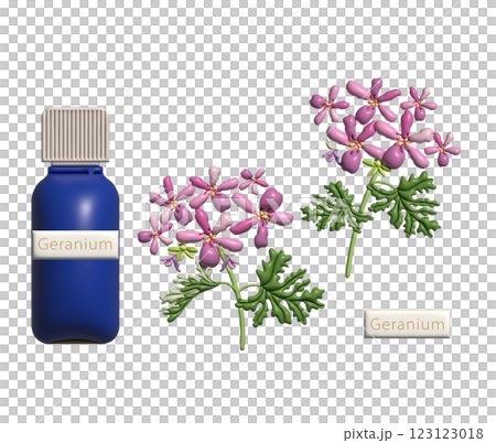 Plump geranium and a bottle of essential oil, aroma 123123018