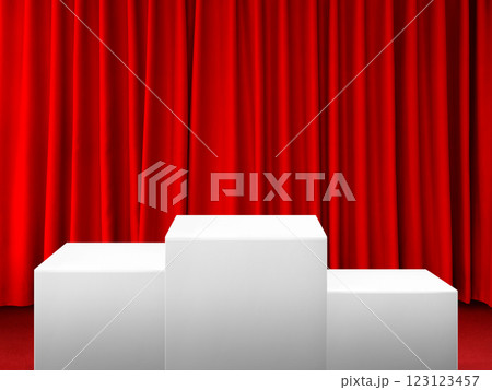 White sports competition podium, red curtain background. White sports competition podium, red curtain background. 123123457