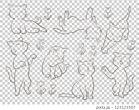 シンプルなネコの線画のセット 123123507