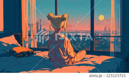 窓から都会の街を眺める女性 123123721