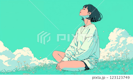 青空を眺めて音楽を聴く女性 123123749
