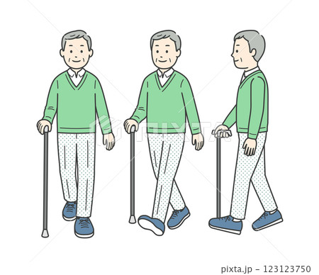 杖をついて歩く高齢男性を色々な方向から見たイラスト 123123750
