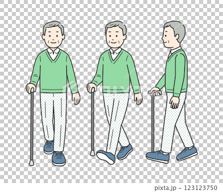 Illustration of an elderly man walking with a cane seen from various angles 123123750