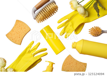 Spring cleaning, cleaning equipment and flowers, isolated on white background, PNG 123124094