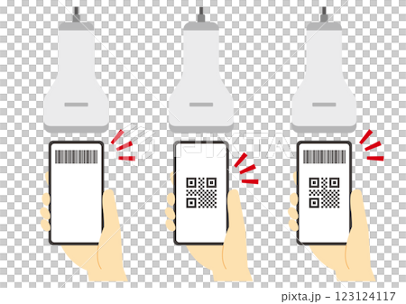 使用智慧型手機和掃描器進行代碼支付的一組插圖 123124117