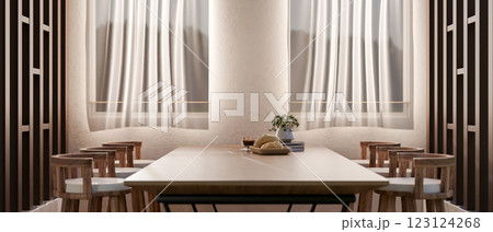 A dining room with square table and chairs beside the window with flowing curtains. 123124268