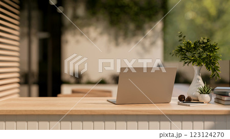 The back view of laptop place on wooden table with decorative items. Workspace with natural light. 123124270