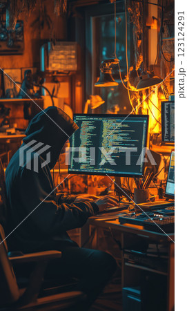 hacker in dark hoodie works intently on laptop in dimly lit room 123124291