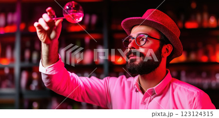 Juggling bartender skillfully tossing cocktail shaker in vibrant bar 123124315