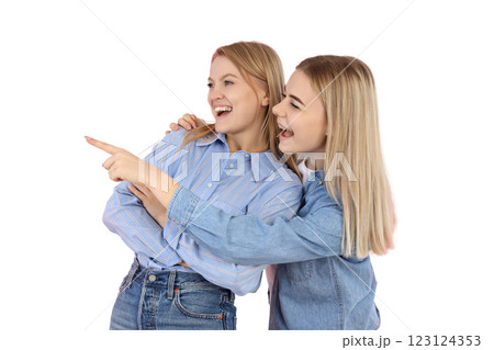 PNG, March 8. Two girls hugging, isolated on white background. 123124353