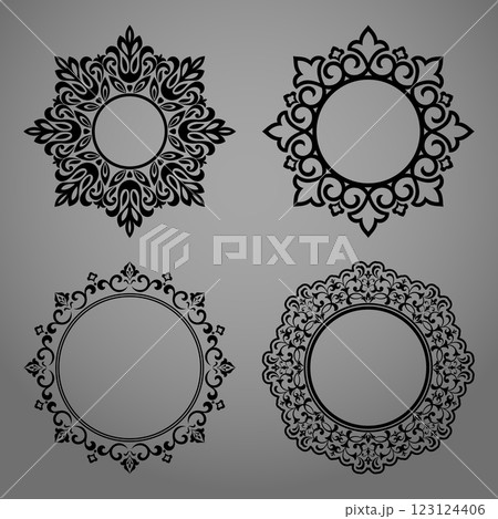 Set of decorative frames Elegant vector element for design in Eastern style, place for text. Floral black and gray borders. Lace illustration for invitations and greeting cards Set of decorative frames Elegant vector element for design in Eastern style, place for text. Floral black and gray borders. Lace illustration for invitations and greeting cards 123124406