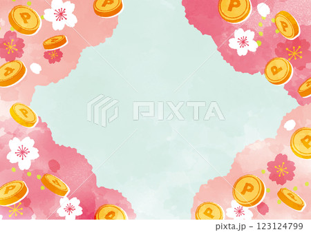 水彩のコインと桜の背景 123124799