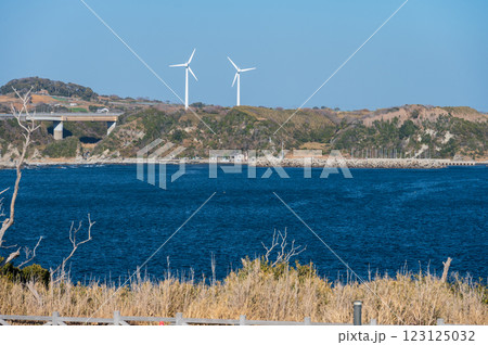 城ヶ島うみのね広場からの眺め　宮川風量発電所　風車 123125032