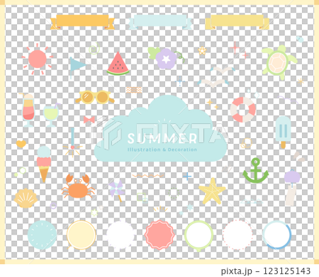 夏のアイテムイラストとフレームのセット　飾り　アクセント　背景　ベクター　装飾　カラフル　線なし 123125143