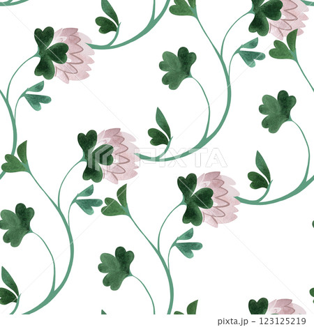 Textile seamless floral pattern with clover flowers and shamrocks in vintage style. Design for kitchen home textiles, tablecloths, curtains, bed linen, dress fabrics, wrapping paper. Textile seamless floral pattern with clover flowers and shamrocks in vintage style. Design for kitchen home textiles, tablecloths, curtains, bed linen, dress fabrics, wrapping paper. 123125219