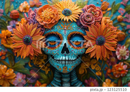Wooden female skull coloring for Day of the Dead and decorated with flowers. Mexican culture and traditions. Generated by artificial intelligence 123125510