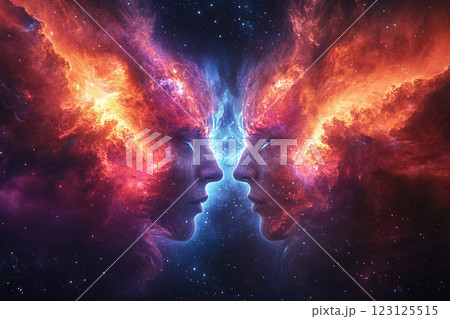 Silhouette of two faces opposite each other in outer space. Human spirit, astronomy, concept of inner world. Universe inside a person. Mental health. 123125515