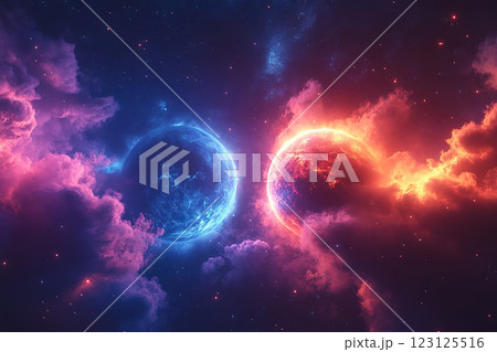 Two glowing planets in a foggy universe with stars in the background. The concept of man as a universe. Mental health. Generated by artificial intelligence 123125516