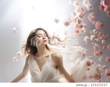 アジア人女性が目を閉じる。ピンクの花びらが舞う（スキンケア、エステ） 123125517