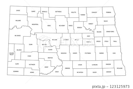 State of North Dakota subdivided into 53 counties, outline map. State in the Upper Midwest region of United States, nicknamed Peace Garden and Roughrider State. Map with boundaries and county names. 123125973