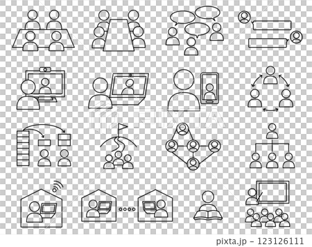 ビジネスシーンの線画アイコンセット　ミーティングやリモート会議や研修などのピクトグラム 123126111