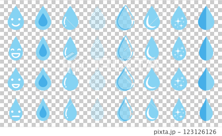 いろいろなしずく（水滴）型のアイコンセット（水色） 123126126