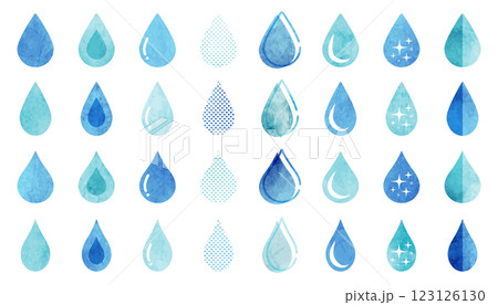 いろいろなしずく（水滴）型のアイコンセット（水色）のイラスト素材