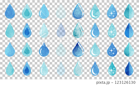 A set of various water droplet-shaped icons (light blue) 123126130