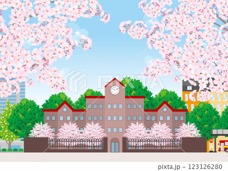 桜咲く春の校舎のイラスト.  123126280