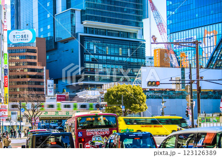 日本の東京都市景観 白看板や旧改札、廃棄漁網…ハチの壁画も見えない。脱コロナ…はとバス、カラオケ 123126389