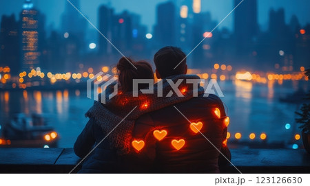 A romantic evening scene of a couple embracing by the waterfront, wrapped in cozy scarves adorned with glowing heart lights, overlooking a beautifully illuminated city skyline reflecting on the water. 123126630