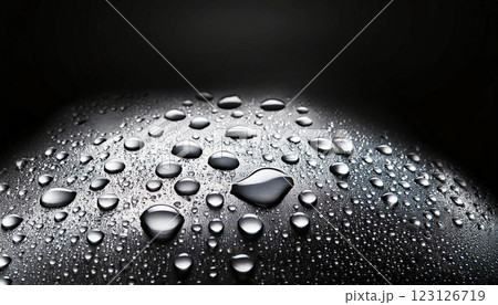 water droplets on a smooth black surface, creating a stunning contrast and reflective effect, droplet, highlighting their shapes, reflections, and surface tension, perfect abstract background 123126719