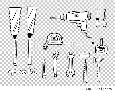 Line drawings of various tools and equipment Illustration set Line drawings of various tools and equipment Illustration set 123126770