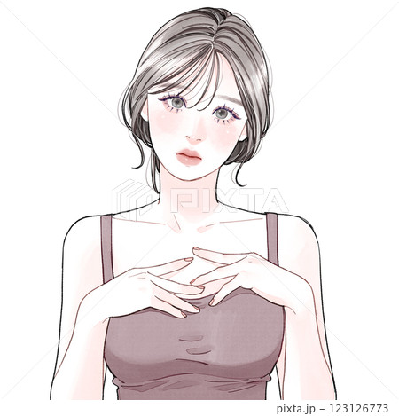 胸に悩みを抱えている女性 123126773