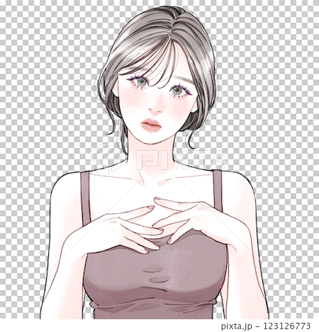 胸に悩みを抱えている女性 123126773