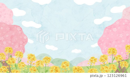 桜と菜の花の水彩風の風景ベクターイラスト 123126961