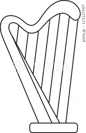 St. Patrick's Day, harp, Irish folk musical instruments, black and white vector linear icon isolated on a white transparent background 123127507