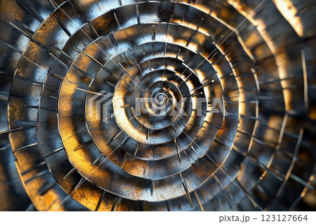 Spiral formation of metallic spikes creates an intriguing visual illusion in modern art installation Spiral formation of metallic spikes creates an intriguing visual illusion in modern art installation 123127664